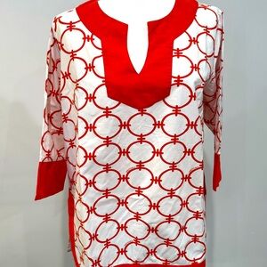 Red and White Geometric Women's Top